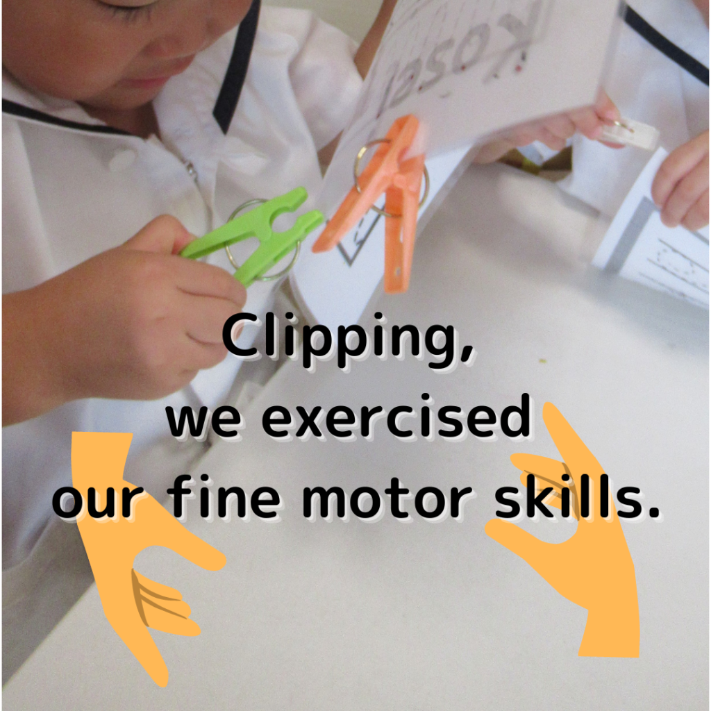 Clipping, we exercised our fine motor skills.（「はさむ」で、細かい運動神経の練習）